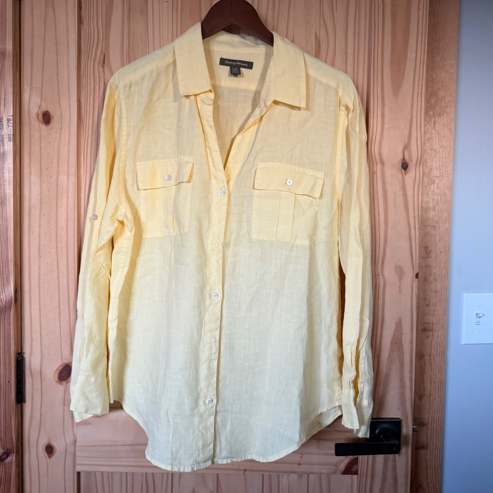Tommy Bahama Womens Large Yellow Linen Blend Button Down Shirt Long Sleeve L/G